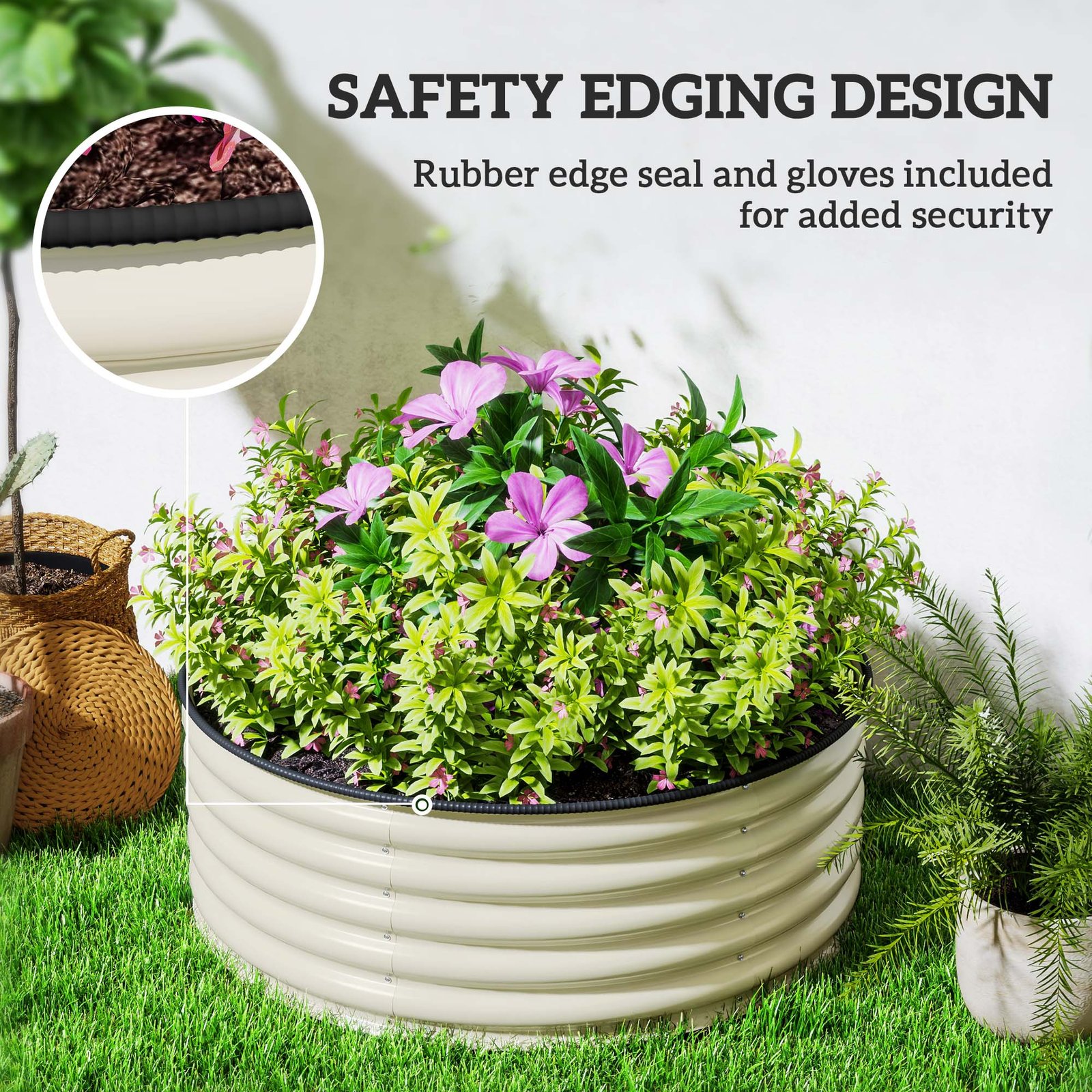 Galvanised Raised Garden Bed with Safety Edging, Outdoor Raised Planter Box with Gloves and Open Bottom, Metal Raised Bed for Flowers, Vegetables and Herbs, 120 x 120 x 43cm, Cream White - Image 8