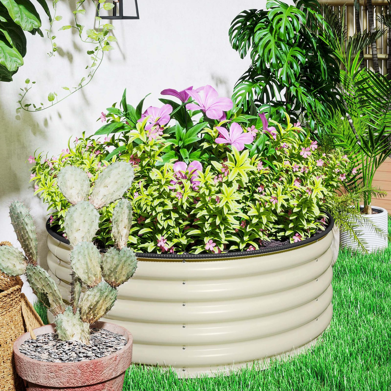 Galvanised Raised Garden Bed with Safety Edging, Outdoor Raised Planter Box with Gloves and Open Bottom, Metal Raised Bed for Flowers, Vegetables and Herbs, 120 x 120 x 43cm, Cream White - Image 10