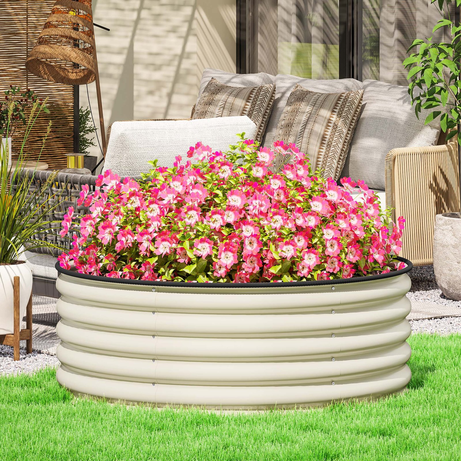 Galvanised Raised Garden Bed with Safety Edging, Outdoor Raised Planter Box with Gloves and Open Bottom, Metal Raised Bed for Flowers, Vegetables and Herbs, 120 x 120 x 43cm, Cream White - Image 3