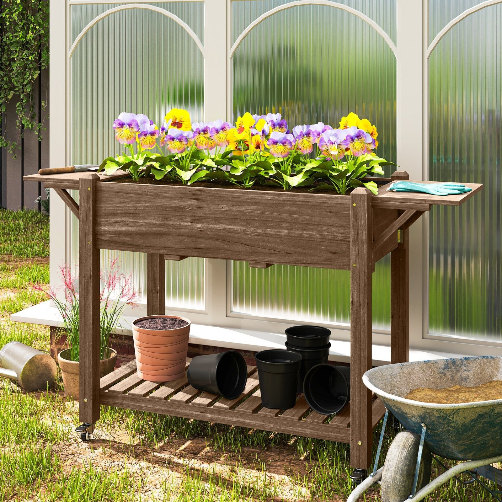 Wooden Elevated Planter Box with Lockable Wheels, Side Tables and Bottom Shelf, Carbonised - Image 3