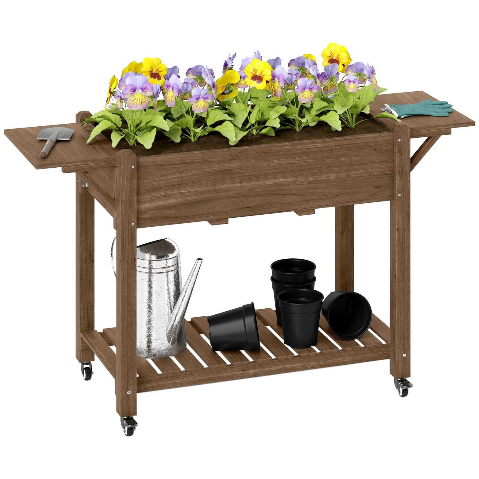 Wooden Elevated Planter Box with Lockable Wheels, Side Tables and Bottom Shelf, Carbonised