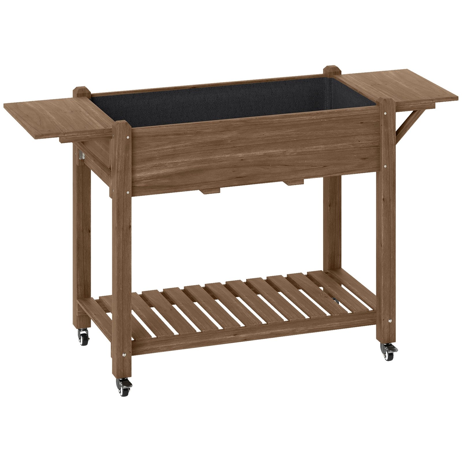Wooden Elevated Planter Box with Lockable Wheels, Side Tables and Bottom Shelf, Carbonised - Image 12