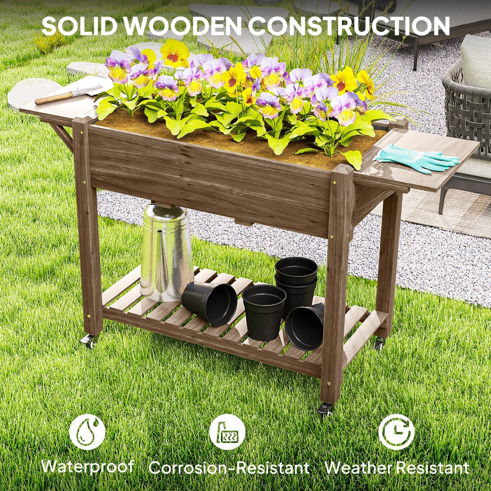 Wooden Elevated Planter Box with Lockable Wheels, Side Tables and Bottom Shelf, Carbonised - Image 10