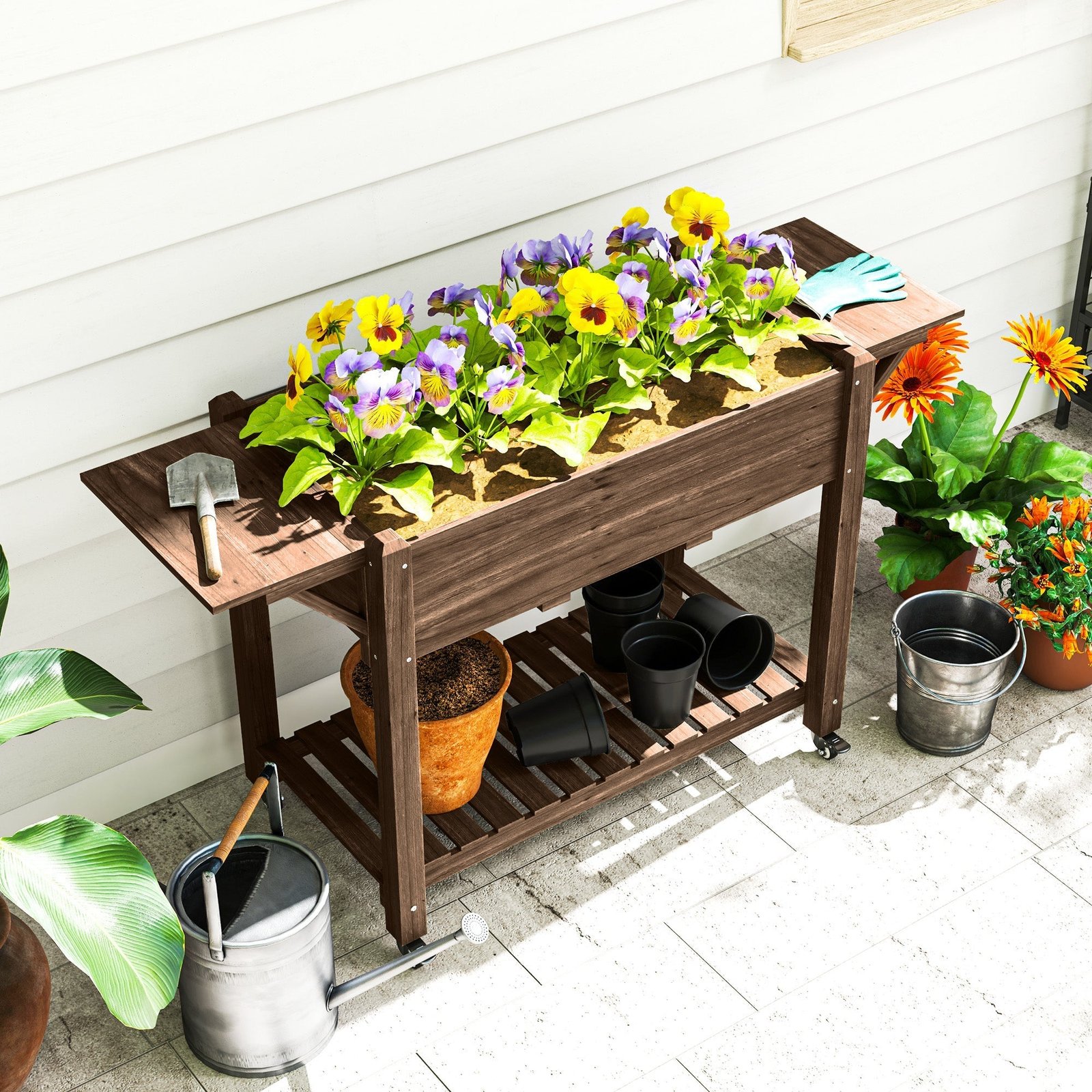 Wooden Elevated Planter Box with Lockable Wheels, Side Tables and Bottom Shelf, Carbonised - Image 11