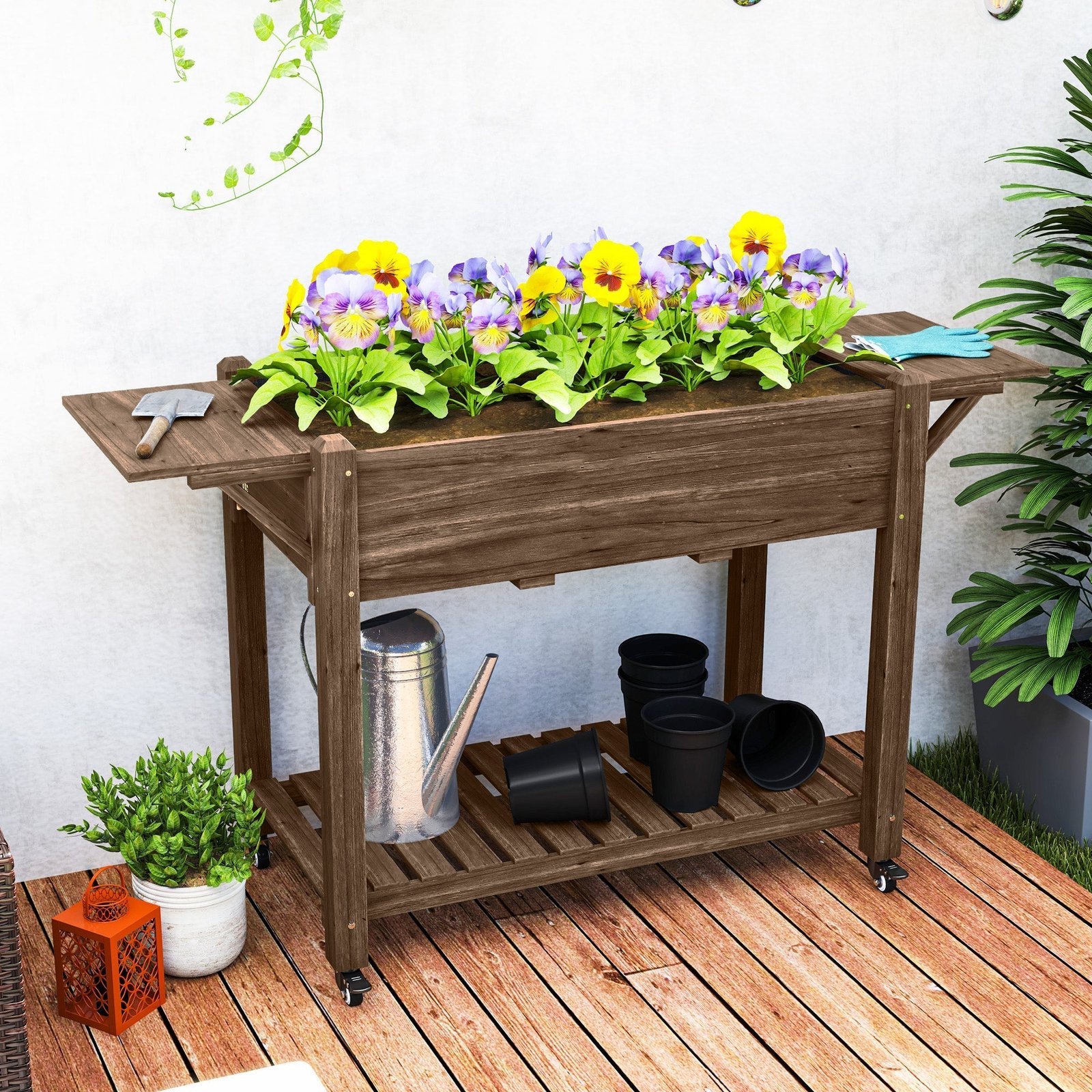 Wooden Elevated Planter Box with Lockable Wheels, Side Tables and Bottom Shelf, Carbonised - Image 4